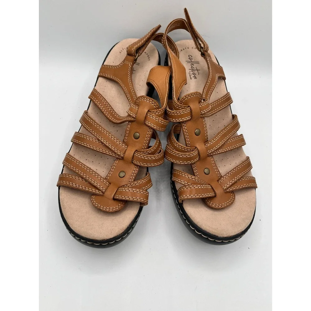 Clarks Delana Curve Women Sz 10M Tan Leather Strappy Wedge Sandals Comfort